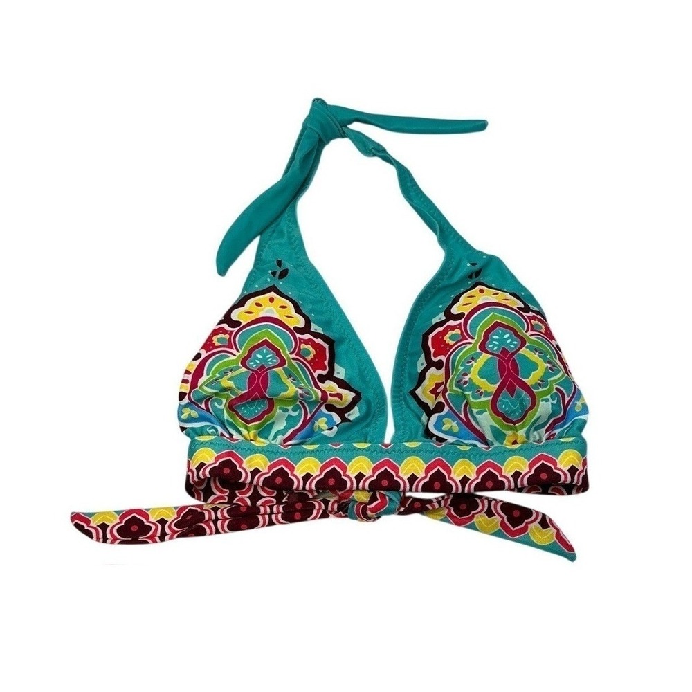 Boho Mandala Print Bikini Halter Top Teal Pink Yellow Swimsuit M NWOT‎